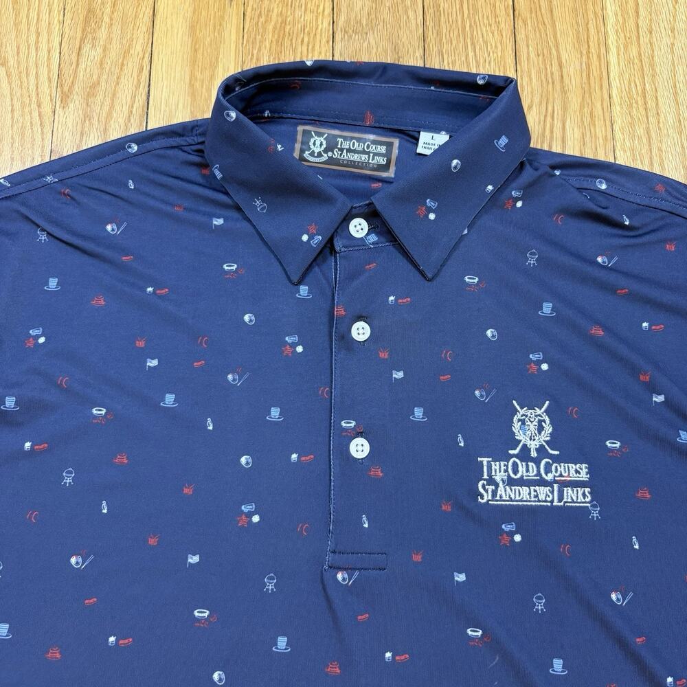 NWT The Old Course St Andrews Links Repreve Polo Shirt Mens L AOP Pattern Golf